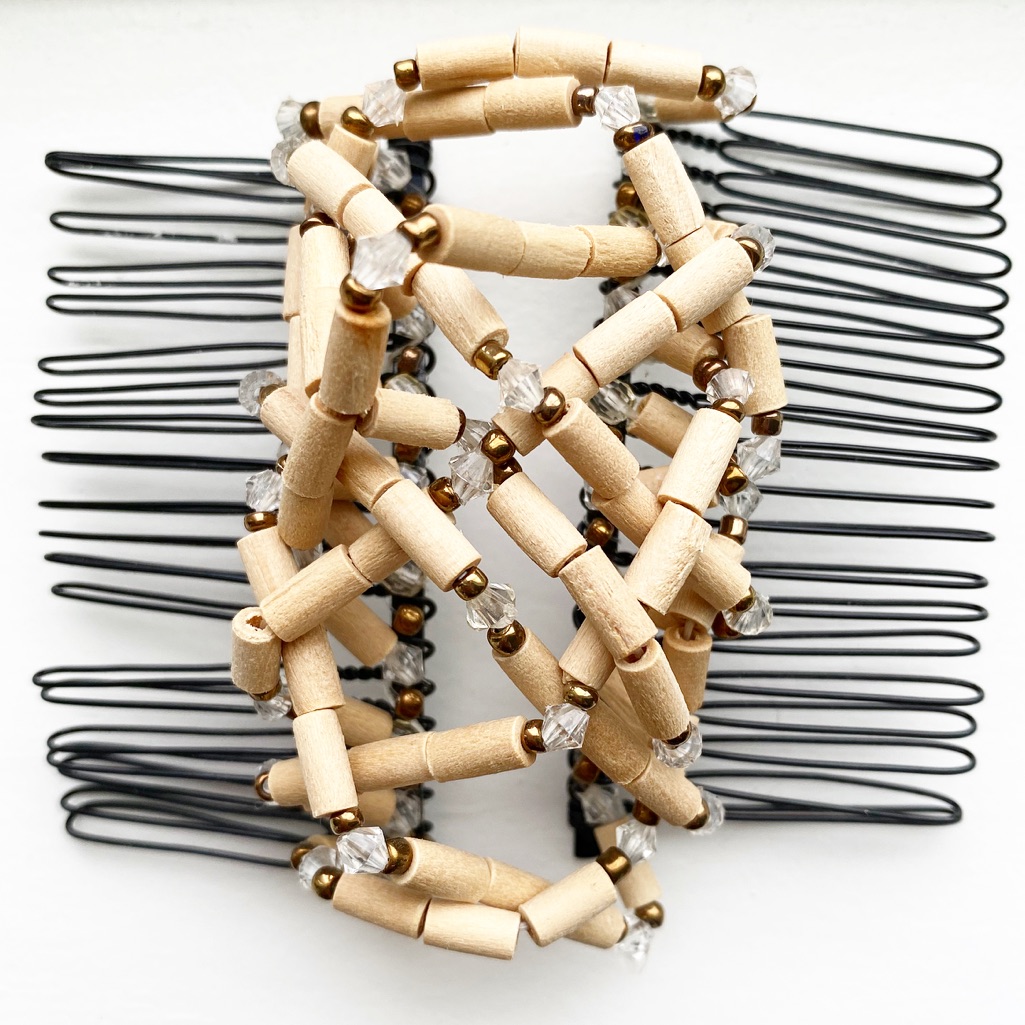 Vintage Beige/Brassy Wood Beaded Hair Net & Combs